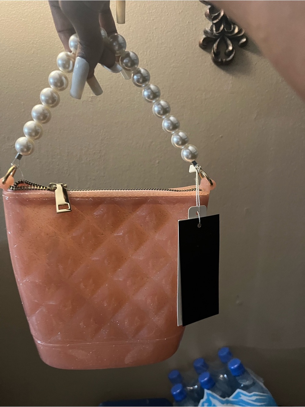 Pearl-Handle Pink Quilted Bucket Bag